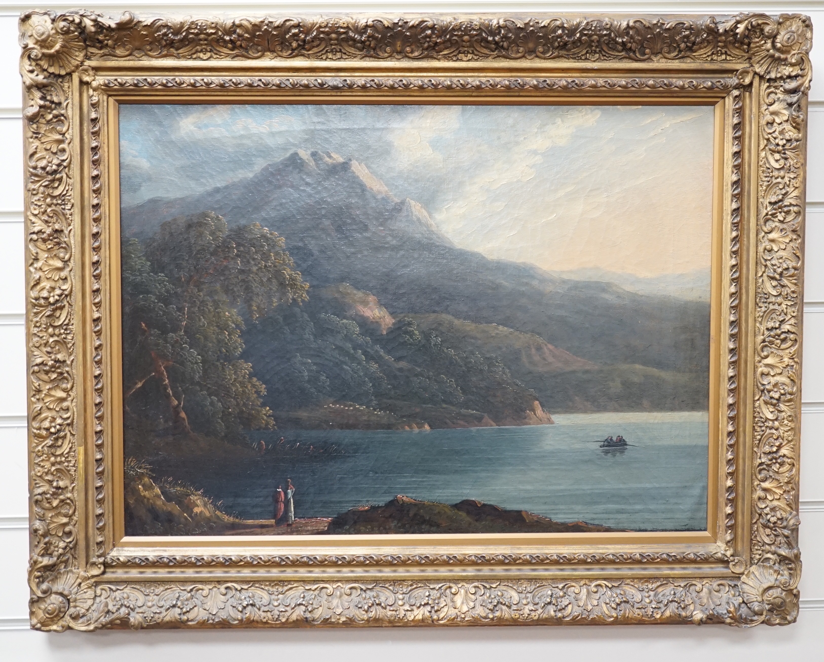 English School c.1900, oil on canvas, Figures beside a lake, 42 x 57cm